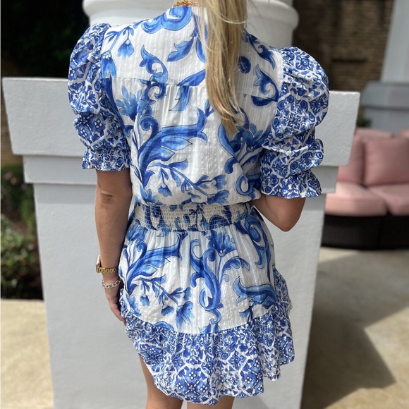 Ramy Brook Susan Watercolor Puff-Sleeve Minidress in Spring Navy Positano - Picture 6 of 11